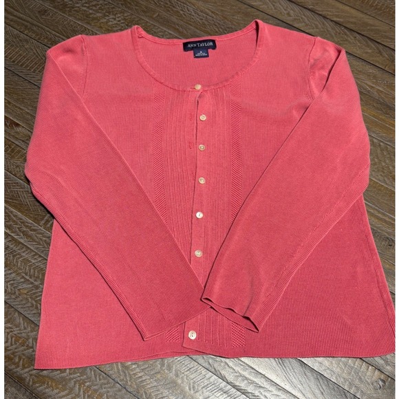 Ann Taylor Sweaters - Ann Taylor Cardigan Small Coral Pink 100% Silk Ribbed Pointelle Knit PreLoved